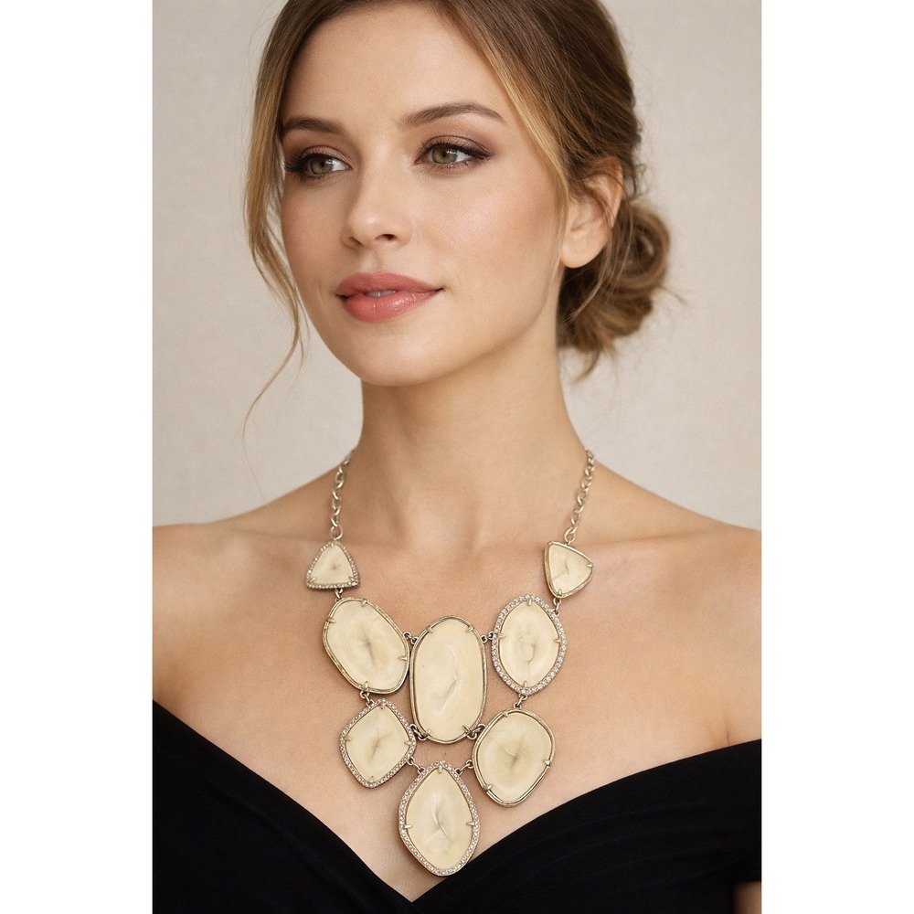 Stella & Dot Statement Bib Necklace Cream Gold Tone Rhinestone